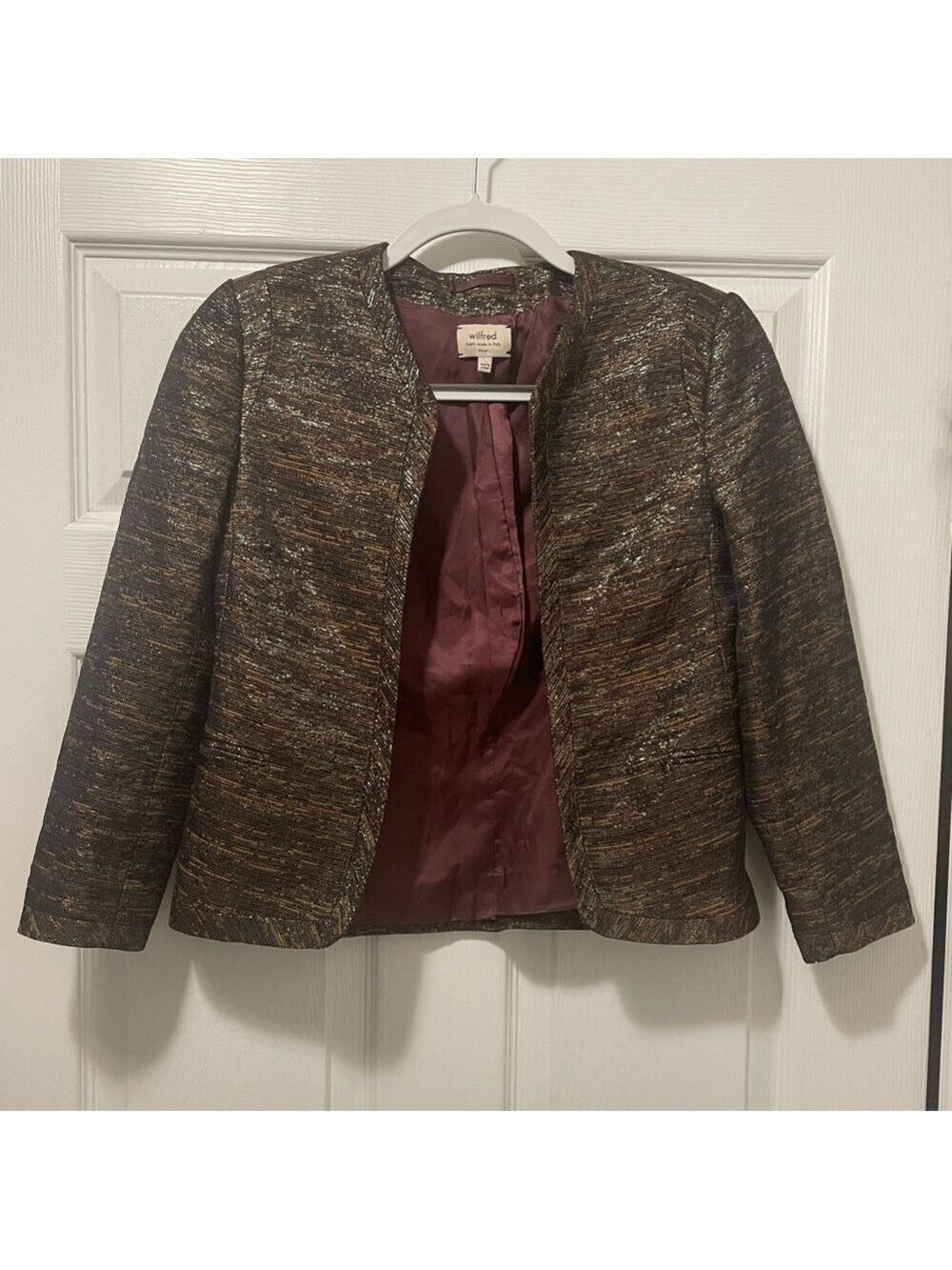 WILFRED Pirouette Blazer Acrylic Blend Metallic Bronze Open Front Jacket Size 4 - Picture 2 of 8